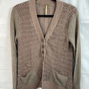 Free People Size S Brown Cocoa 100% Wool Knit Button Front Cardigan Sweater